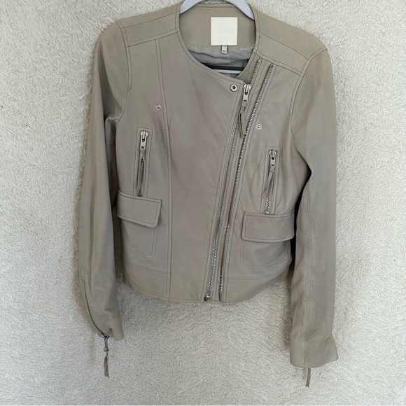JOIE VIVIANETTE Soft Sand Leather Moto Asymmetrical Zip Jacket Coat S - Picture 15 of 16